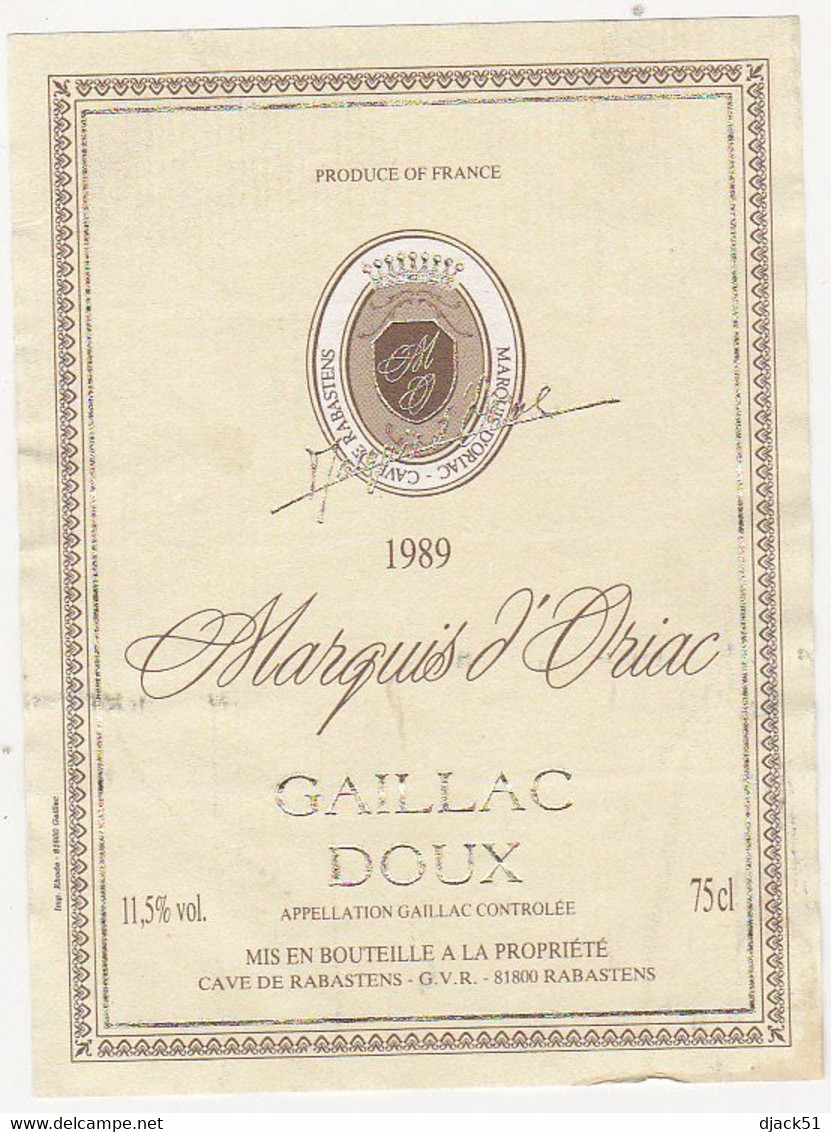 Etiquette GAILLAC Marquis D'Oriac - 1989 - Gaillac