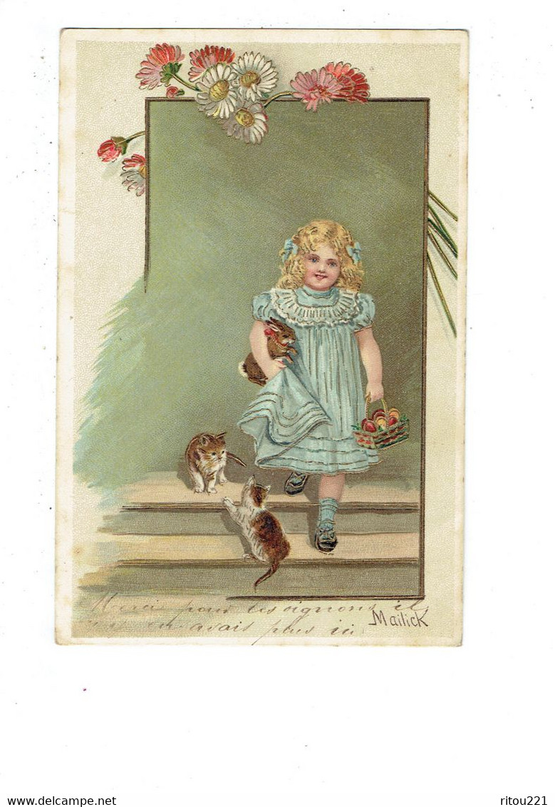 Cpa Fantaisie Gaufrée Illustrateur Mailick - Fillette Panier Lapin Chat Chaton - Fleur Pâquerette  - 1905 - Mailick, Alfred