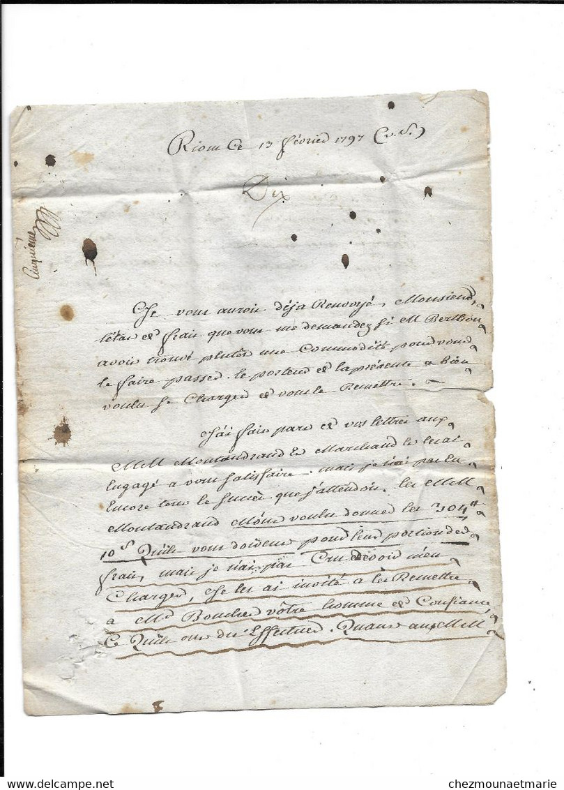 1797 RIOM - M. GASCHOU POUR LE CITOYEN FRANCAIS GOMOIS RUE DE MONCEAU PRES PLACE DE LA GREVE PARIS - MARQUE POSTALE - 1792-1815: Départements Conquis