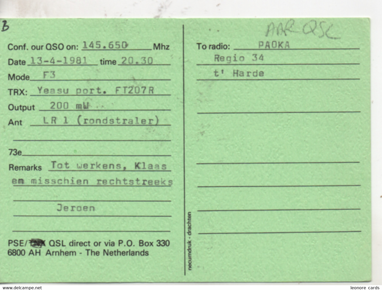 Cpa.Cartes QSL.PE1FDT.The Nederlands.1981.to PAOKA - Radio Amatoriale