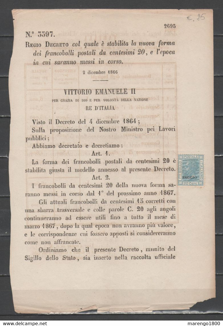 ITALIA 1867 - Saggio Effigie 20 C. - Su Regio Decreto          (g7101) - Neufs