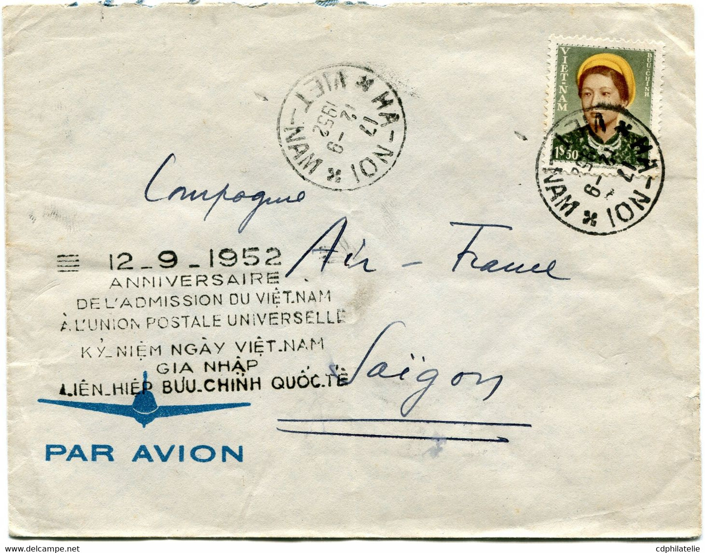 VIET-NAM LETTRE PAR AVION AVEC CACHET BILINGUE "12-9-1952 ANNIVERSAIRE DE L'ADMISSION DU VIET-NAM A L'UNION POSTALE...." - Viêt-Nam