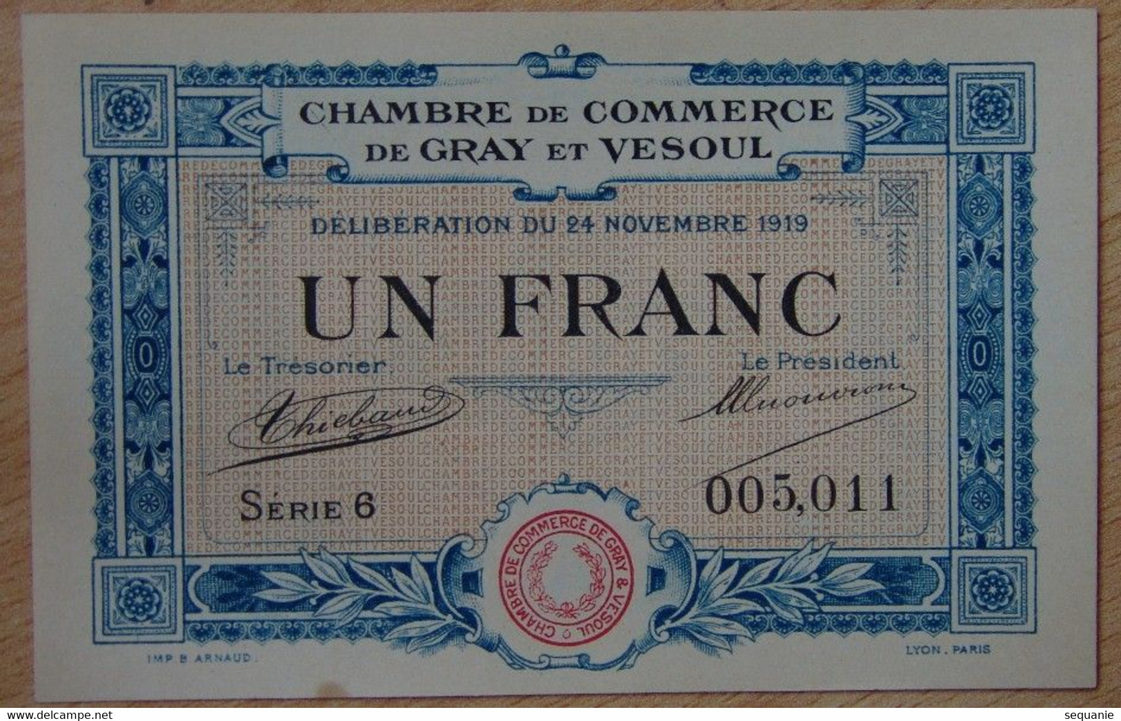 Gray Et Vesoul ( Haute-Saône -70 ) 1 Franc Chambre De Commerce 24-11-1919 Série 6 - Camera Di Commercio