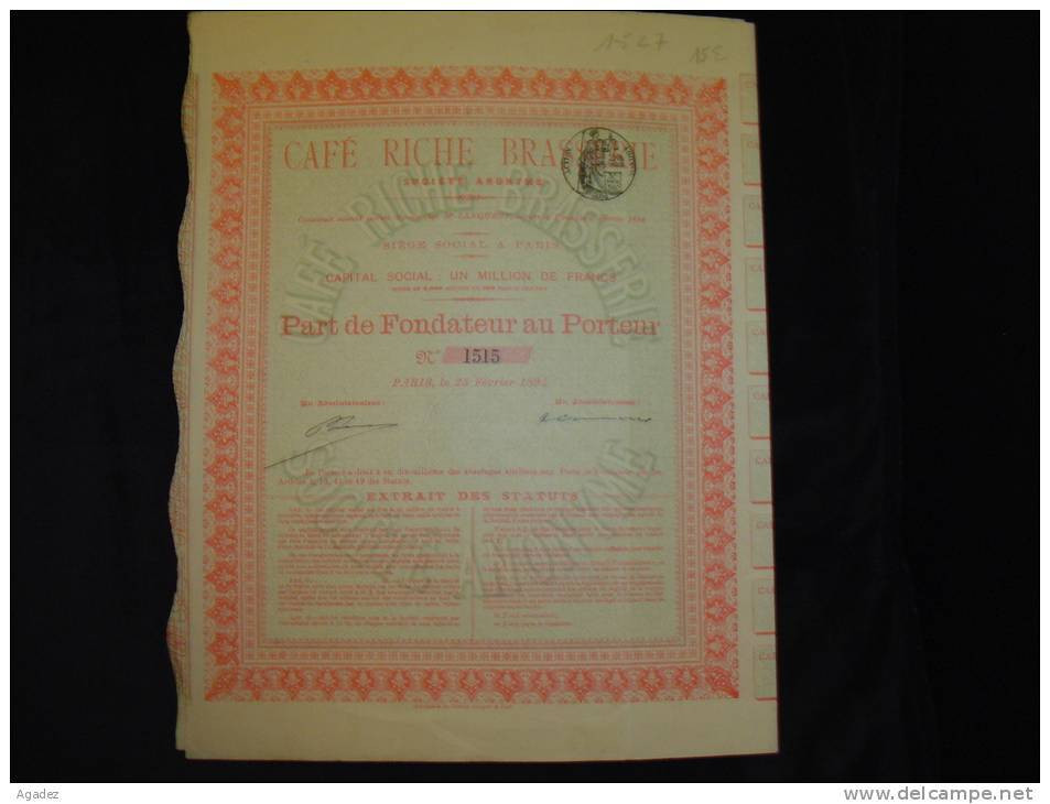 Part Fondateur " Café Riche Brasserie " Paris 1894 Très Bon état,avec Tous Les Coupons - Toerisme