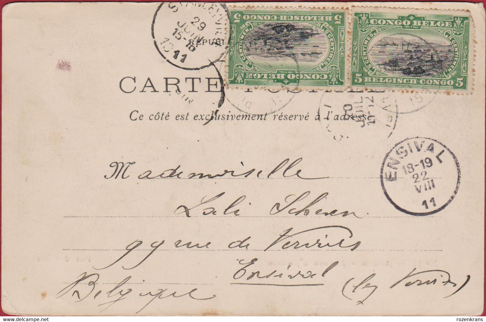 5 Centimes Belgisch Congo Belge CPA Stanleyville 1911 Vers Ensival Carte Postale CPA Alger Jardin D'Essais - Brieven En Documenten