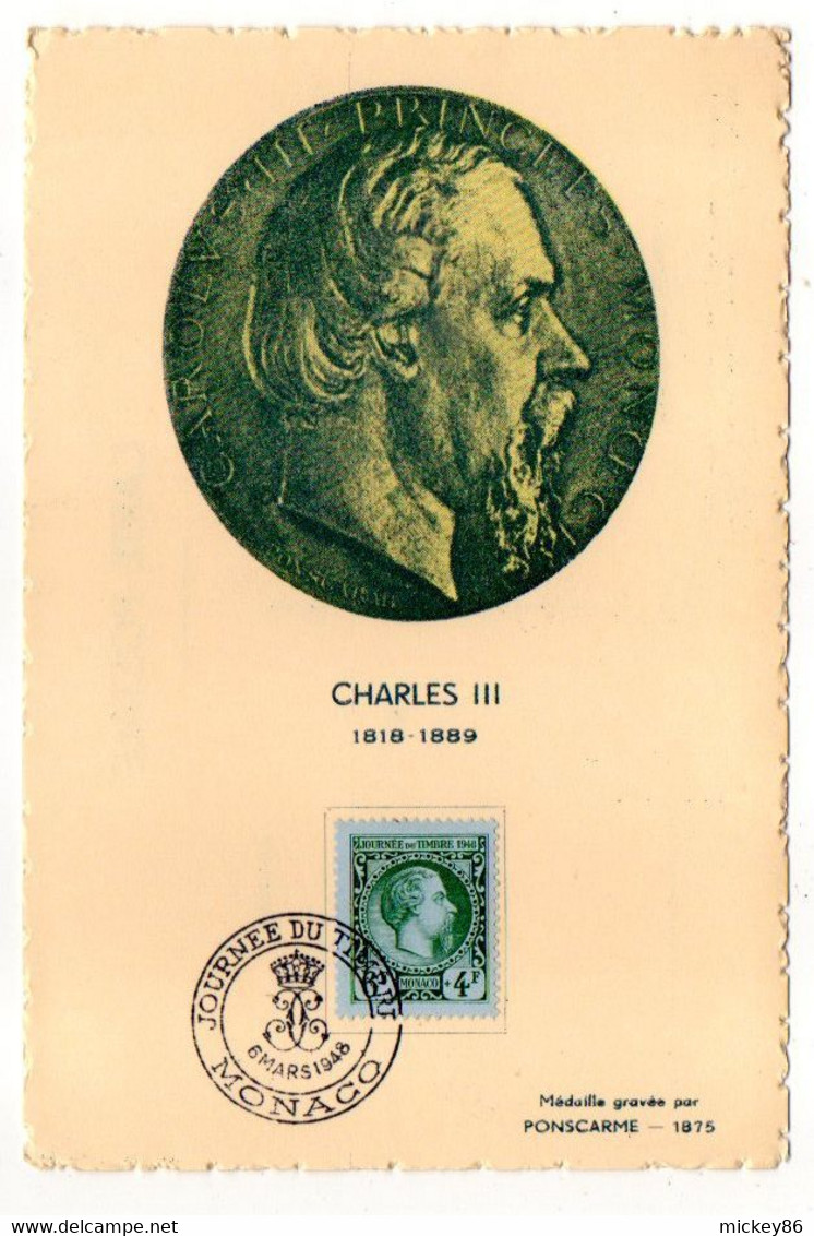 MONACO -- 1948 -- Carte-Maximum  CHARLES III -- Journée Du Timbre................à Saisir - Maximumkaarten