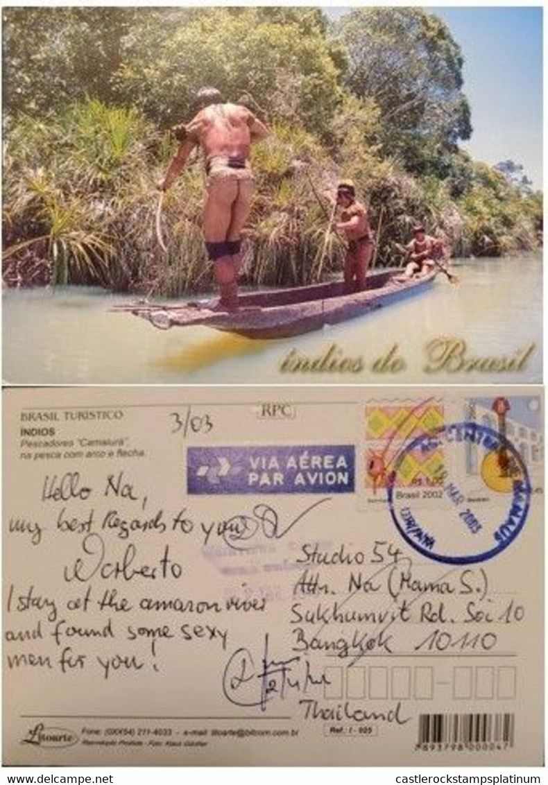 A) 2003, BRAZIL, POSTCARD, FROM MANAOS TO BANGKOK-THAILAND, AIRMAIL, BRAZILIAN INDIANS, MUSICAL INSTRUMENTS STAMPS - Oblitérés