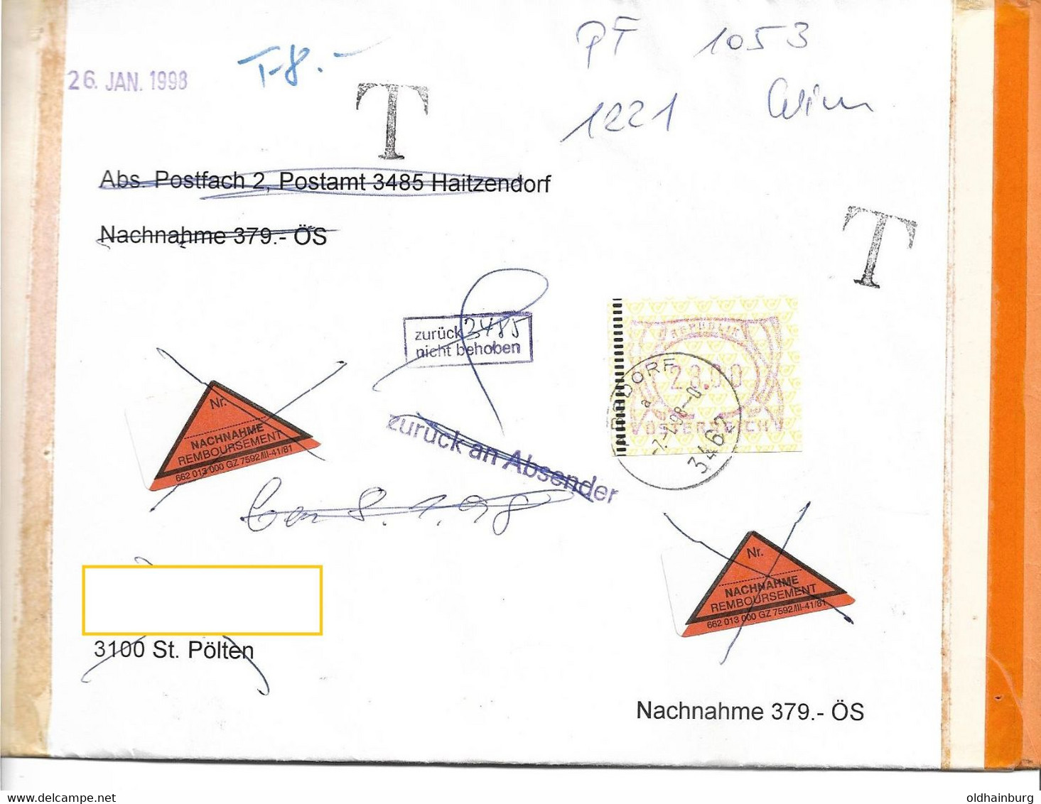 1552a: Heimatbeleg 3462 Absdorf 7.1.98, Automatenmarken- Frankatur Nachnahme Portogerecht - Tulln