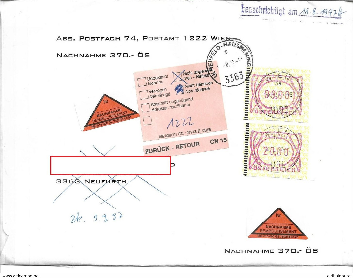 1582g: Heimatbeleg Mit Rücksendestempel 3363 Ulmerfeld- Hausmening, Top- Frankatur 14.8.97 - Amstetten