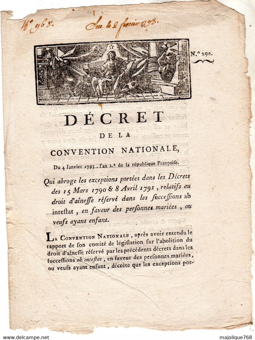 Decret De La Convention Nationale, Du 4 Janvier 1793, L'an 2 De La République Française. - Décrets & Lois