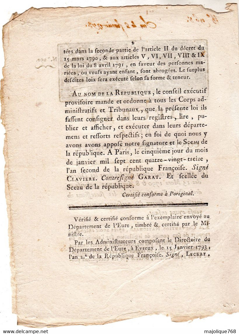 Decret De La Convention Nationale, Du 4 Janvier 1793, L'an 2 De La République Française. - Décrets & Lois