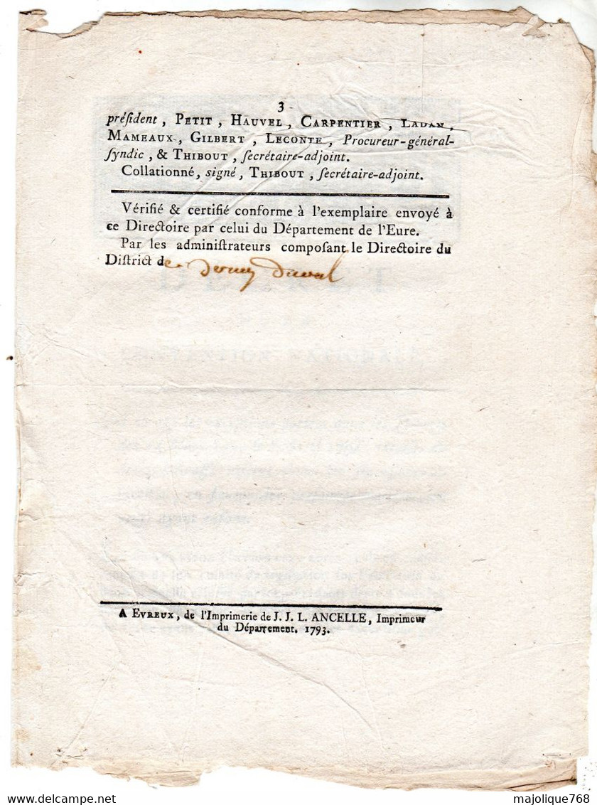 Decret De La Convention Nationale, Du 4 Janvier 1793, L'an 2 De La République Française. - Décrets & Lois