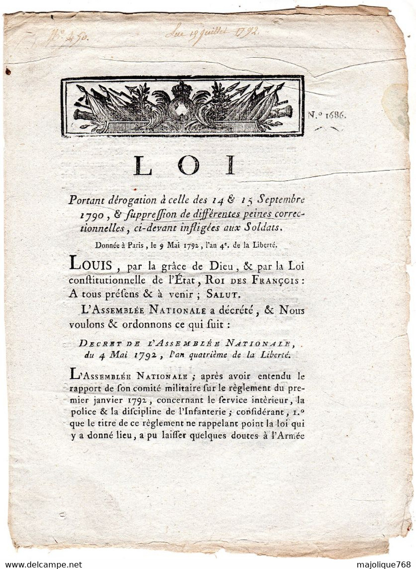 Loi. Donné à Paris , Le 9 Mai 1792 , L'an 4e . De La Liberté - - Décrets & Lois