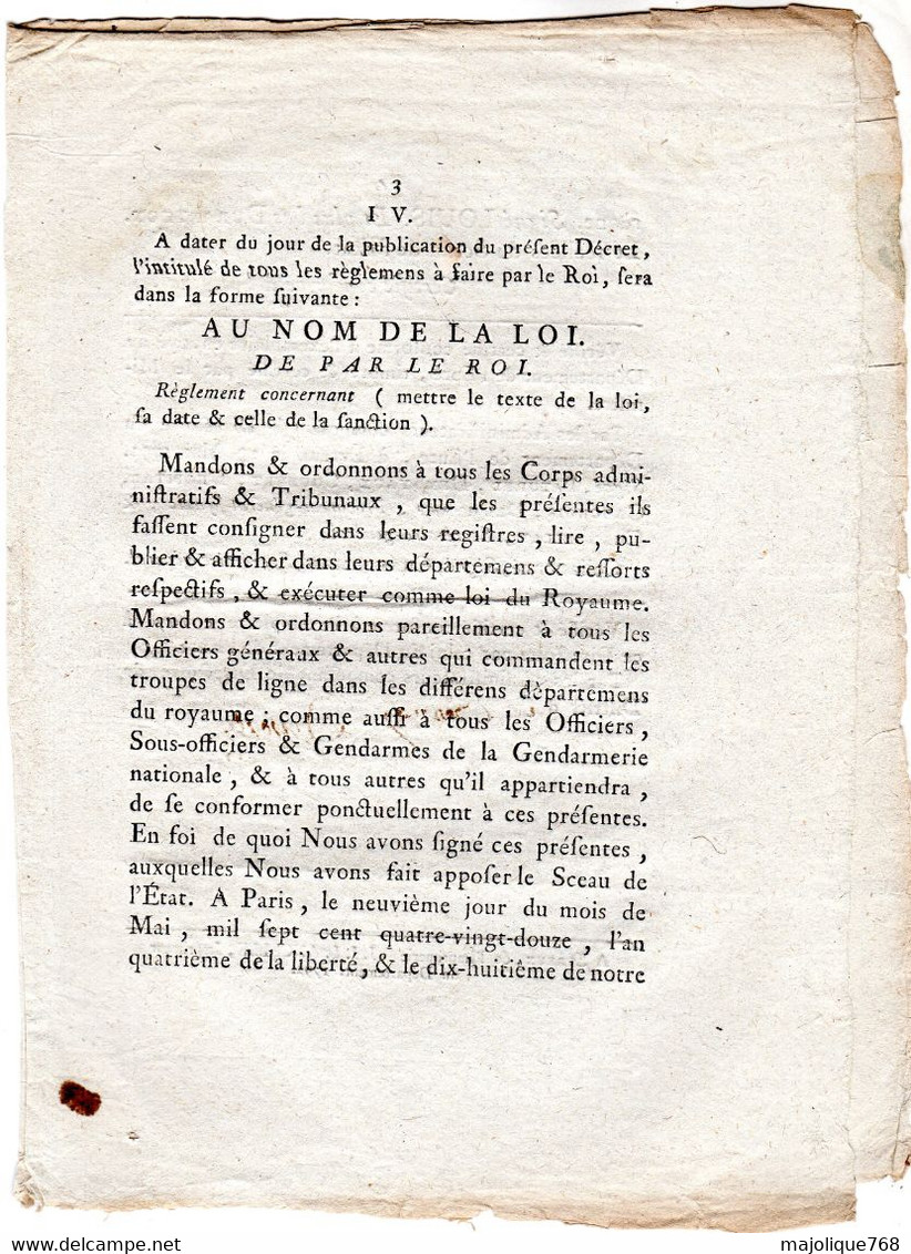 Loi. Donné à Paris , Le 9 Mai 1792 , L'an 4e . De La Liberté - - Décrets & Lois