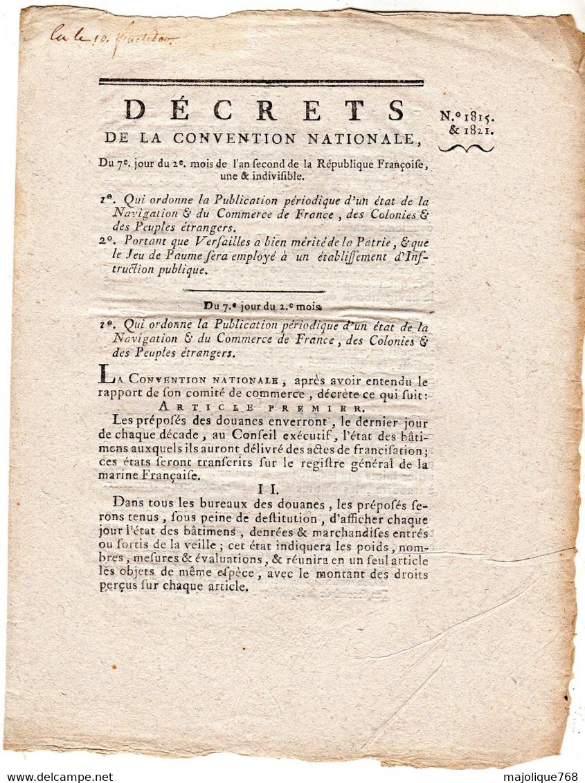 Décrets De La Convention Nationale Du 7e Jour Du 2e Mois De L'an Second De La République Françoise, Une & Indivisible - Décrets & Lois