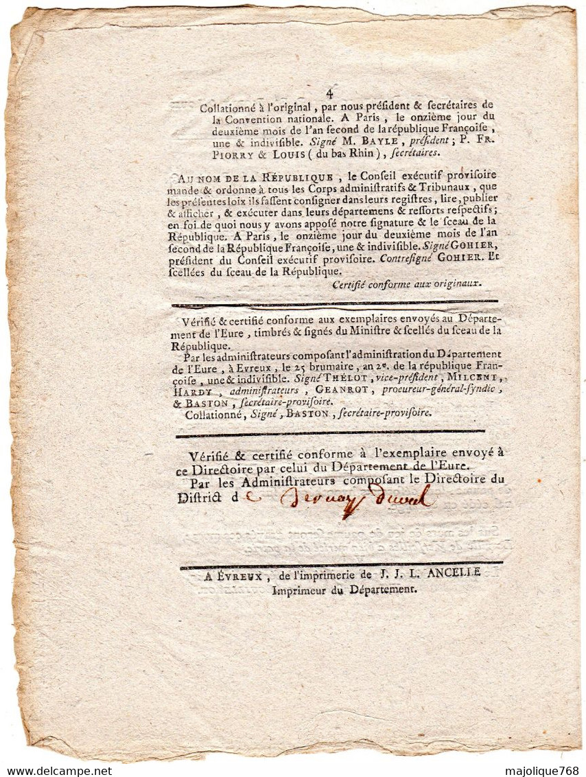 Décrets De La Convention Nationale Du 7e Jour Du 2e Mois De L'an Second De La République Françoise, Une & Indivisible - Décrets & Lois