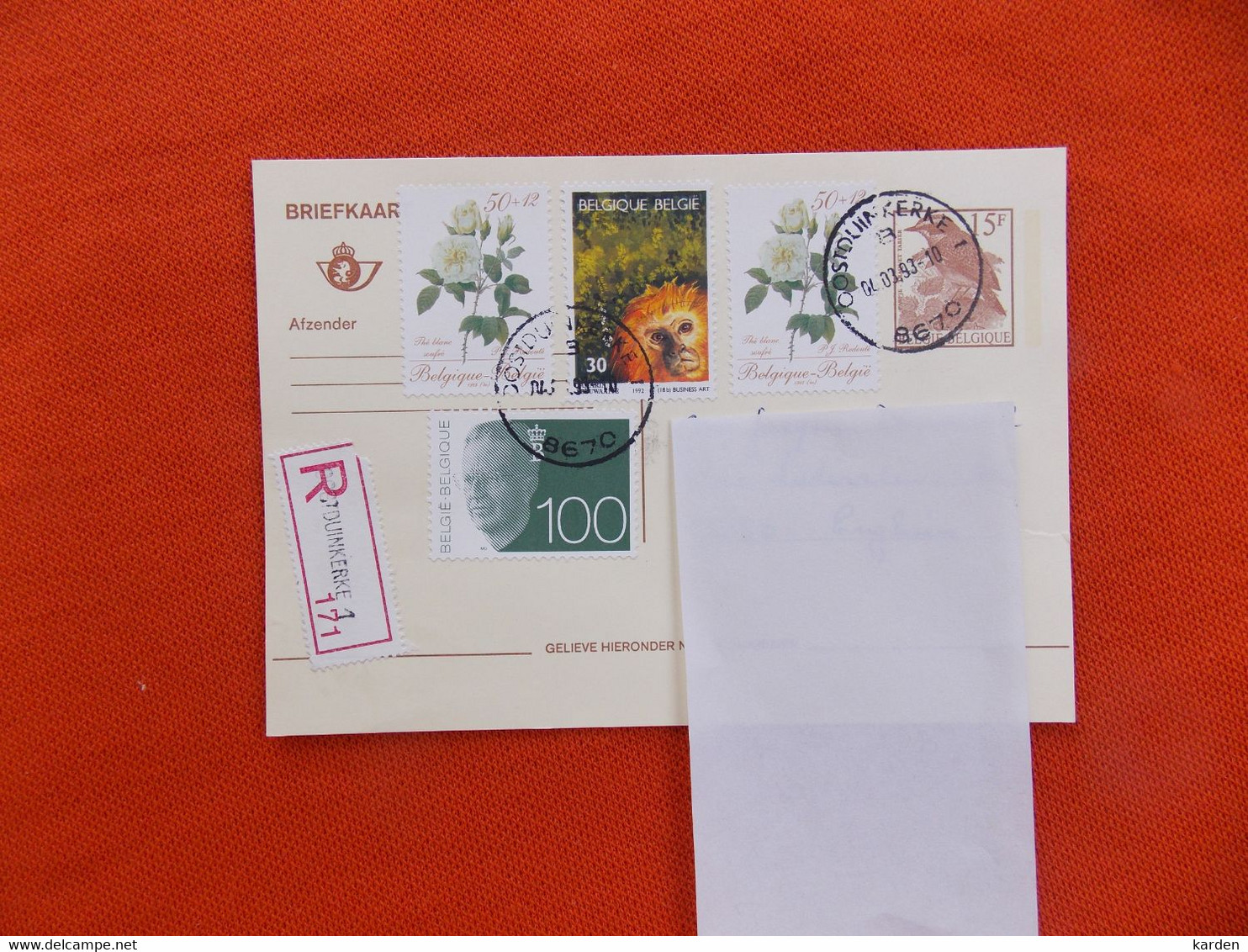 België Briefkaart 1993 Stempel. Oostduinkerke 1 Zegel Boudewijn 100Fr- /1  Voorgedrukte Zegel En 3 Andere  Aangetekend - Autres & Non Classés