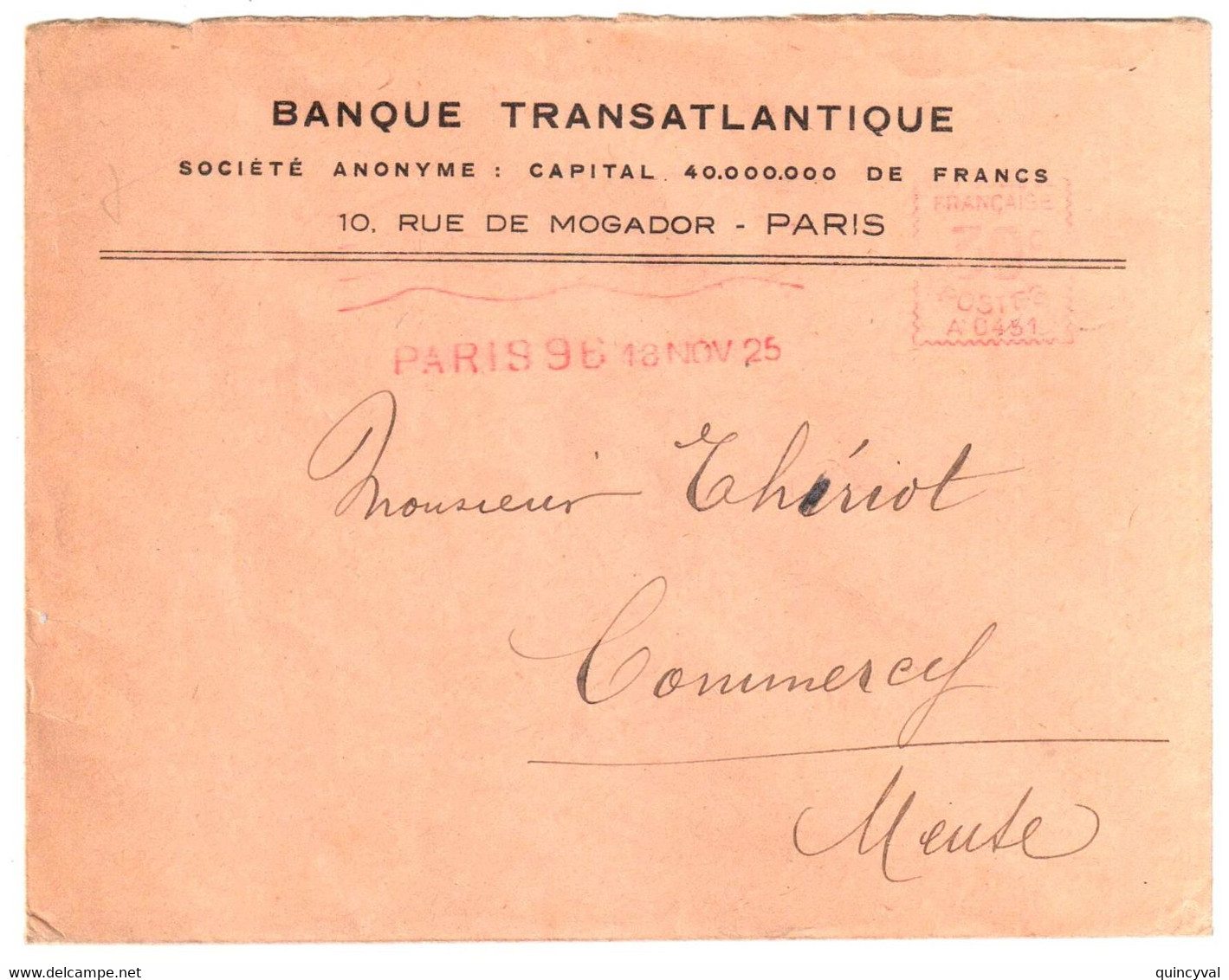 PARIS 96 Lettre Entête Banque Transatlantique 30 C Ob 18 Nov 1925 Havas A 0451 Dest Commercy Meuse - EMA (Empreintes Machines à Affranchir)