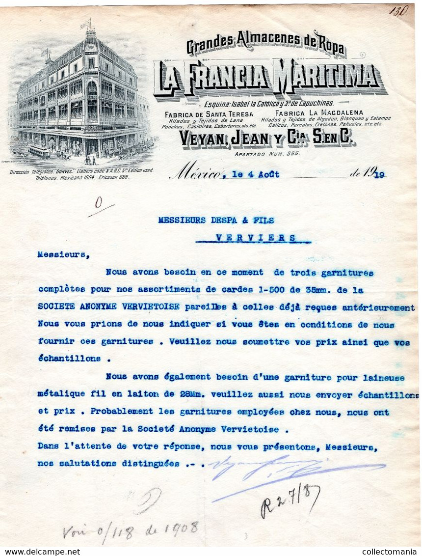 La Francia Maritima  Almacenes De Ropa  Veyan Jean Y Cie  MEXICO 1919 - Spain