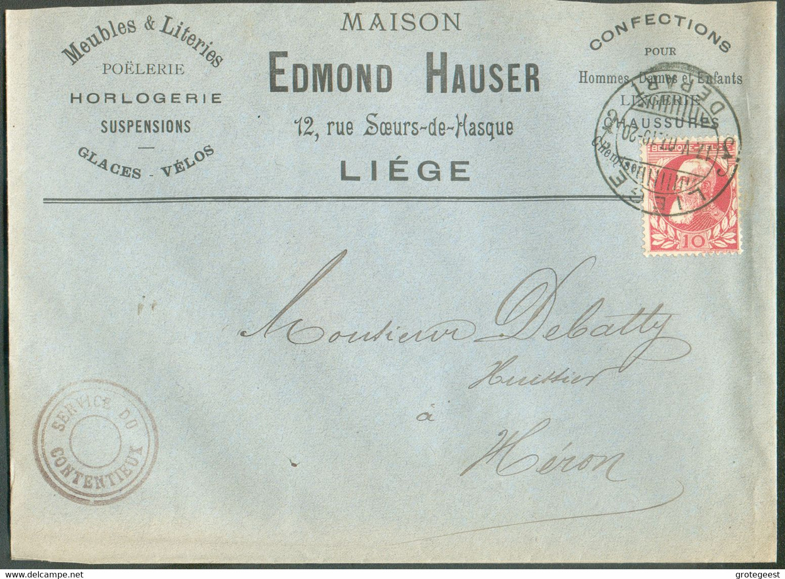 BELGIUM N°74 - 10c. Grosse Barbe Canc.. Cds LIEGE DEPART On Illustrated Cover (Maison Edmond Hauser HORLOGERIE, GLACE VE - 1905 Grosse Barbe