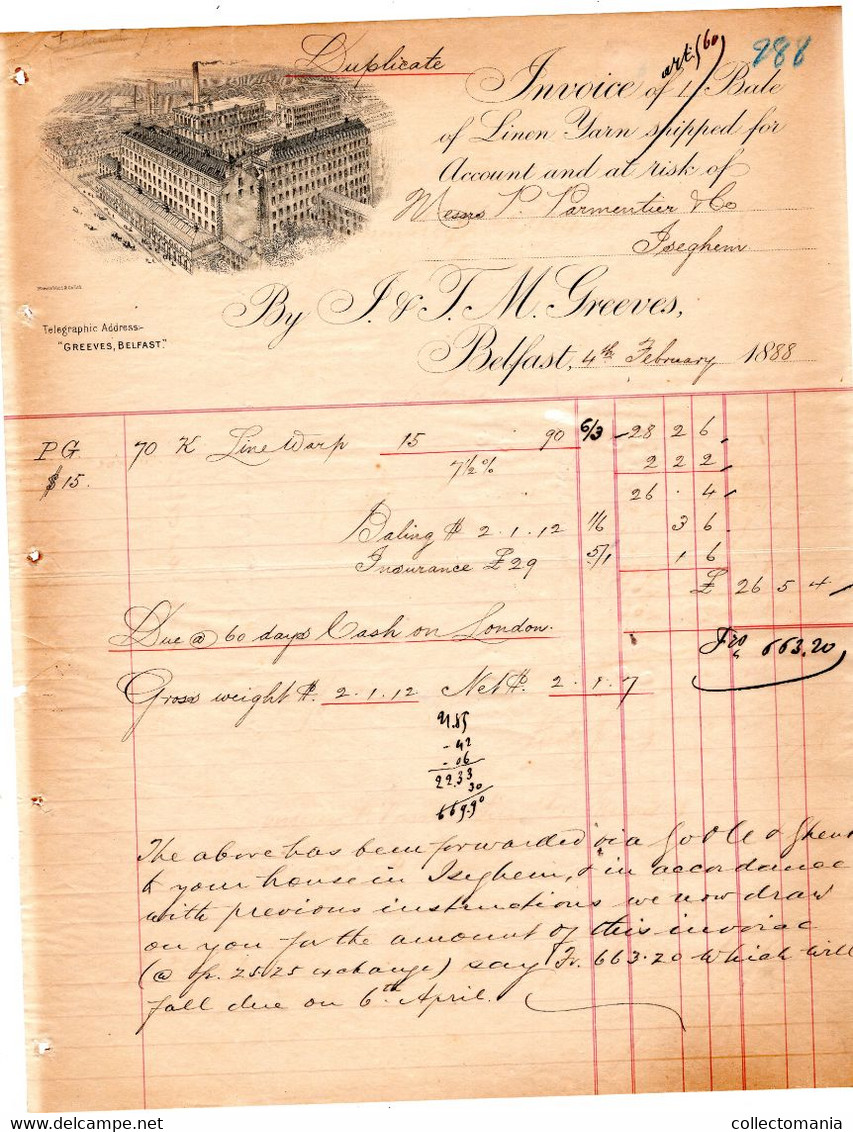 Linen Yarn  M.Greeves BELFAST  1888 Facture Rechnung Invoice Rekening Faktuur Factory ​​​​​​​fabriek Fabrique Fabrica FA - Royaume-Uni