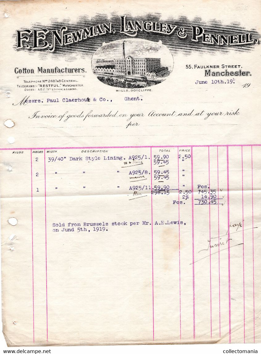 F.E.Newman Langley & Pennell  Cotton Manufacturers Mills DOTCLIFFE  Faulkner Street MANCHESTER 1919 - Royaume-Uni