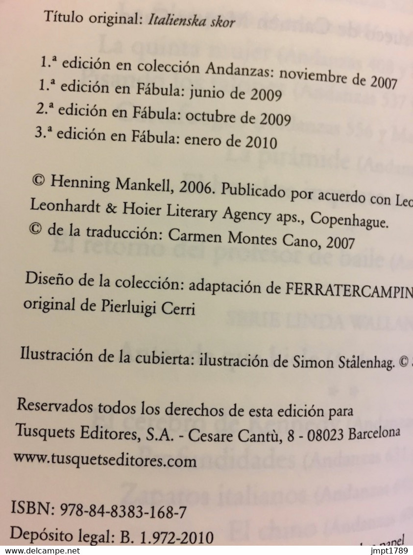 Zapatos Italianos. Henning Mankell. Ed. Andanzas-Tusquets, 3ª Edición, 2010 (en Español). - Actie, Avonturen