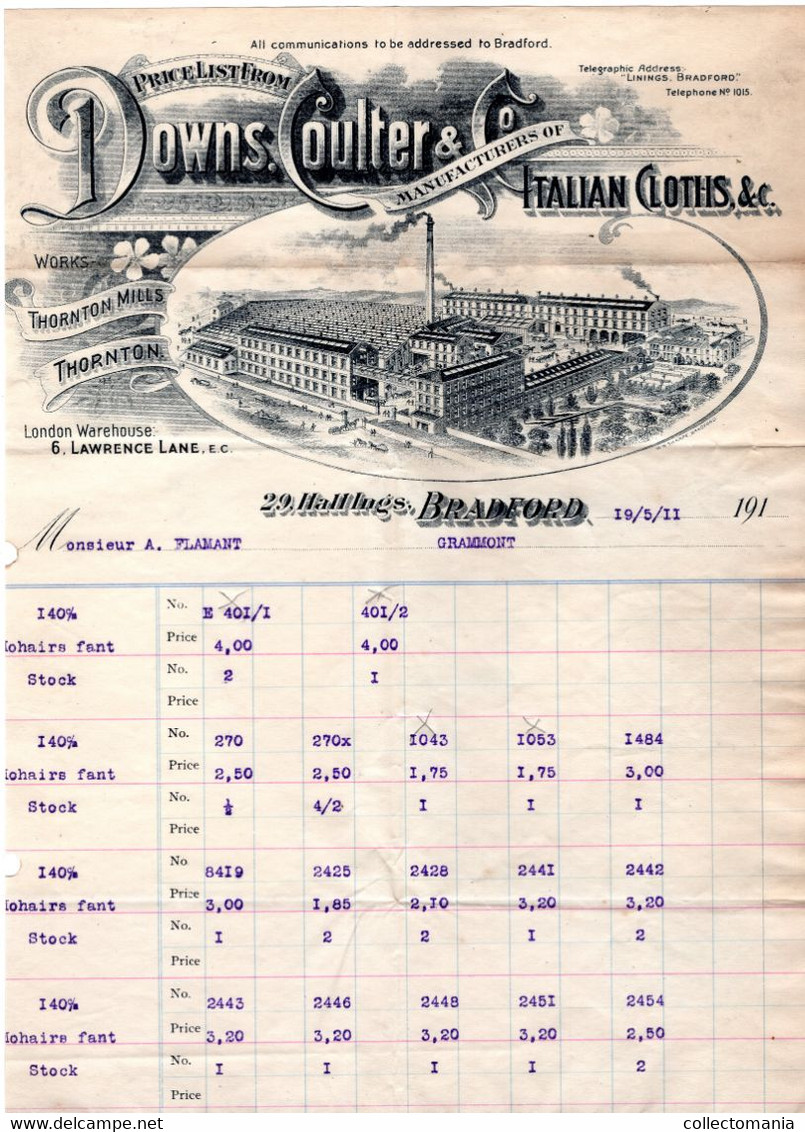 Downs Coulter &C° Manufacturers Of Italian Cloths Thornton Mills THORNTON Hallings BRADFORD 1911 - Royaume-Uni