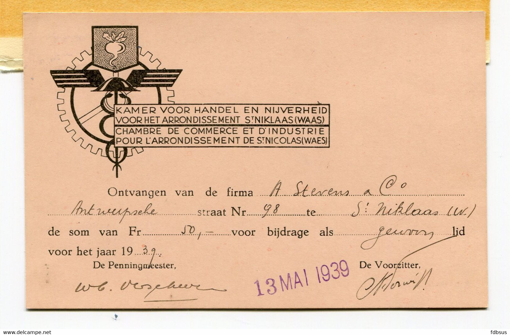 1939 Kaart Van KAMER VOOR KOOPHANDEL EN NIJVERHEID - CHAMBRE DE COMMERCE ... - 2 Fiscale Zegels - Documents