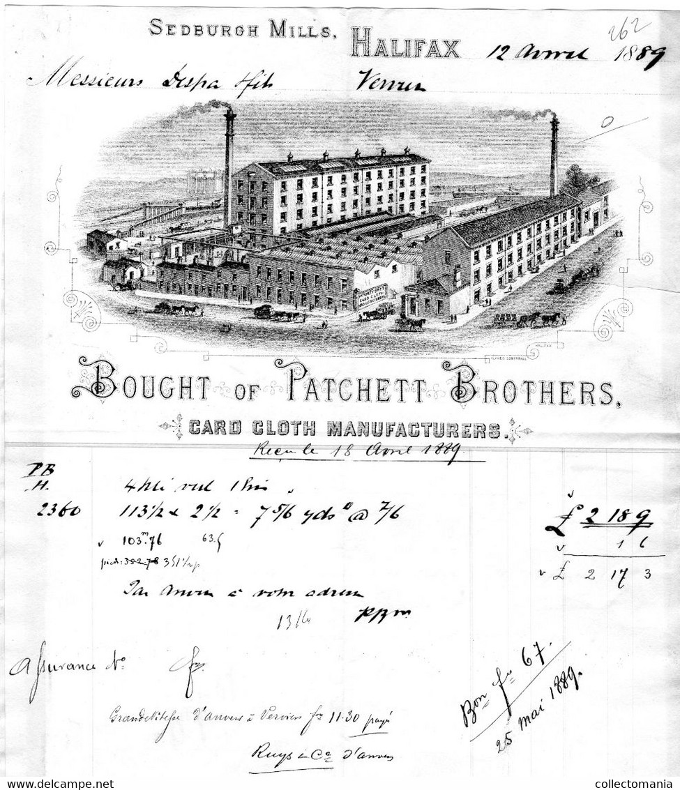 Sedburgh Mills Patchett Brothers Card Cloth Manufacturers  1889 - Royaume-Uni