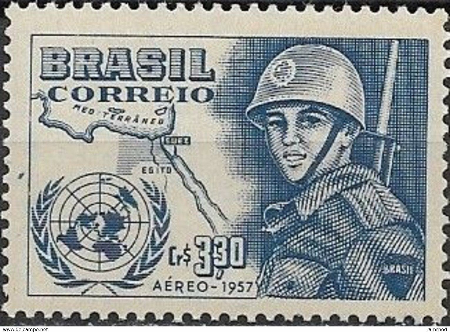 BRAZIL 1957 Air. United Nations Day - 5cr30 U.N. Emblem, Map Of Suez Canal And Soldier MNH - Luchtpost