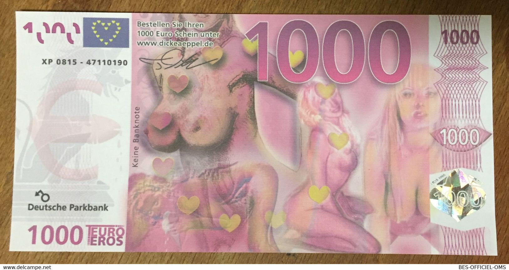 BILLET EURO ÉROTIQUE FEMME ROSE BILLET 1000 EURO SCHEIN PAPER MONEY BANKNOTE - Pruebas Privadas