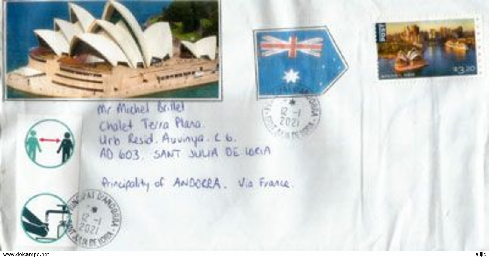 Sydney Opera House /International Post. Haute Faciale $ 3,20,sur Lettre Adressée Andorra Pendant Confinement Coronavirus - Errors, Freaks & Oddities (EFO)