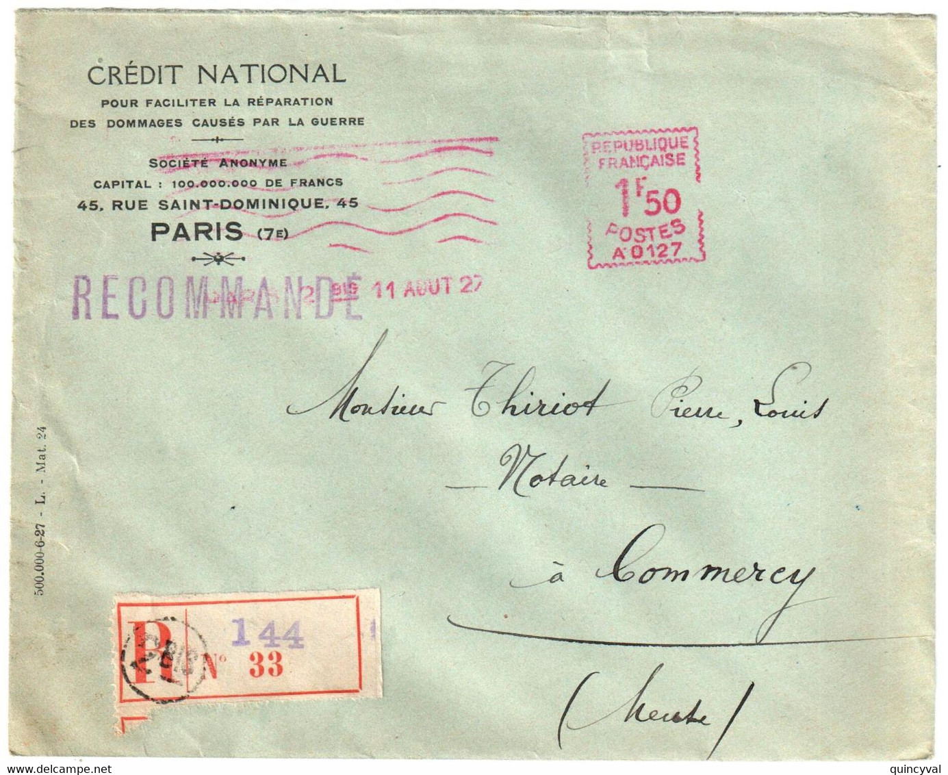 PARIS 2 Bis  Lettre RECOMMANDEE Entête CREDIT NATIONAL Ob 11 8 1927 EMA Havas A0127 HAV31 1F50 - EMA (Print Machine)