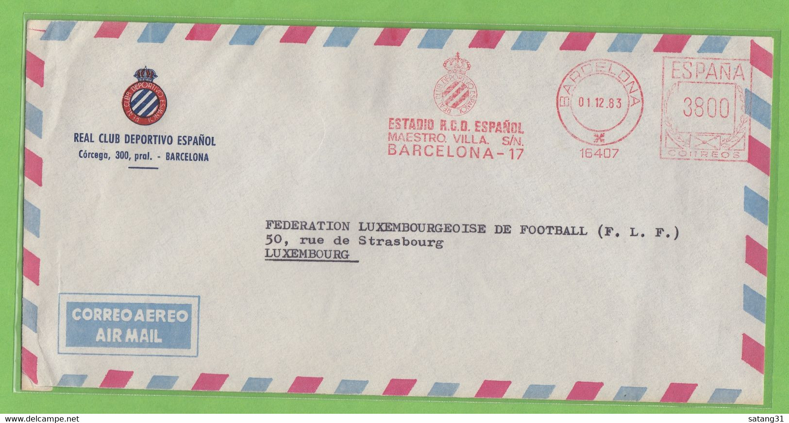 REAL CLUB DEPORTIVO ESPANOL,BARCELONA.LETTRE AVEC EMA POUR LA FEDERATION LUXEMBOURGEOISE DE FOOTBALL A LUXEMBOURG. - Storia Postale