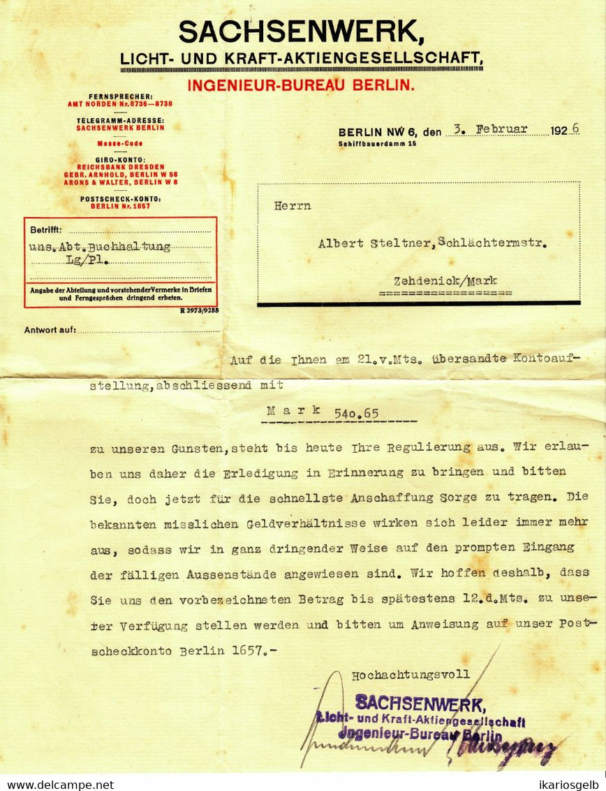 BERLIN 1926 Rechnung " SACHSENWERK Licht- Und Kraft-AG Schiffbauerdamm 15 " - Elektrizität & Gas