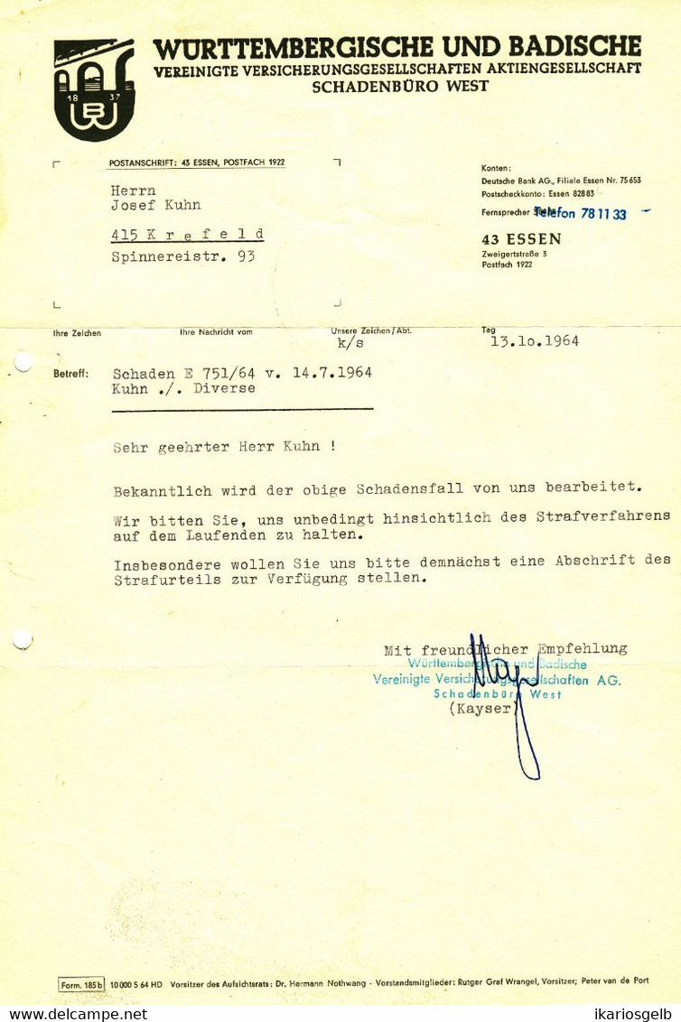 ESSEN 1964 Rechnung " Württembergische Und Badische Vereinigte Versicherungen AG Filiale West " - Banco & Caja De Ahorros
