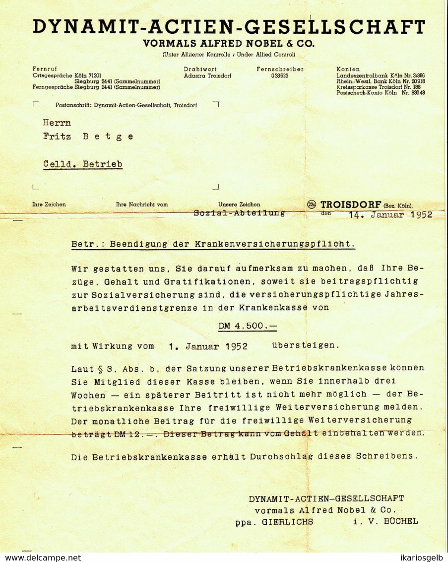 TROISDORF Bei Siegburg Rheinland 1952 Rechnung " DYNAMIT-AG Vormals Alfred Nobel & Co " - Elettricità & Gas