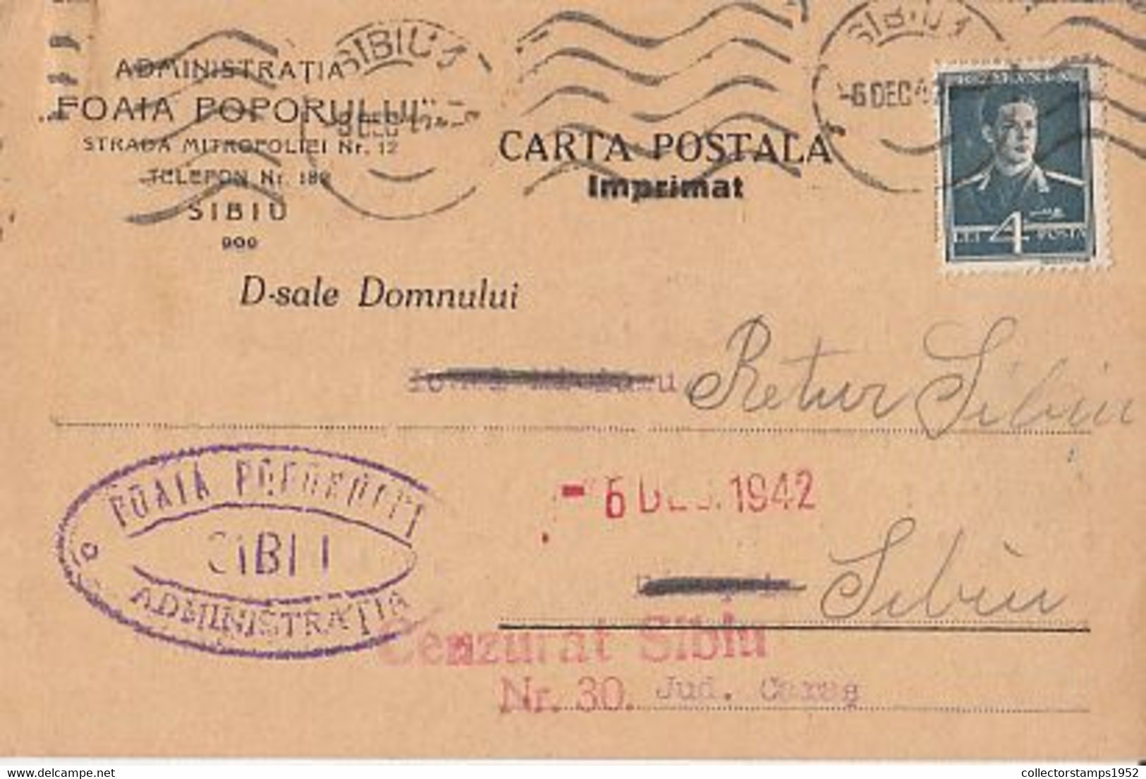 93081- KING MICHAEL STAMP ON POSTCARD, NEWSPAPER HEADER, CENZORED SIBIU NR 30, 1942, ROMANIA - Lettres 2ème Guerre Mondiale