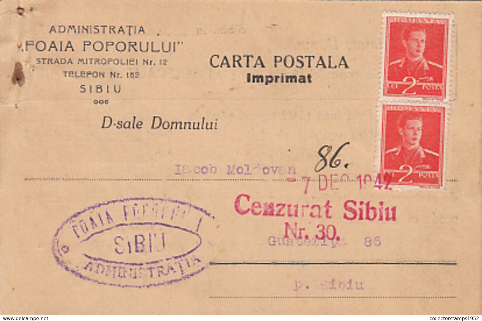 93082- KING MICHAEL STAMP ON POSTCARD, NEWSPAPER HEADER, CENZORED SIBIU NR 30, 1942, ROMANIA - World War 2 Letters