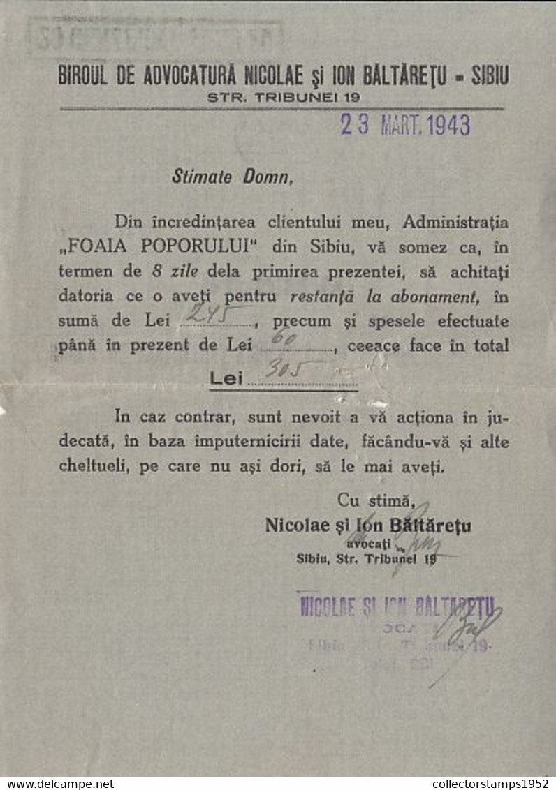 93083- KING MICHAEL STAMP ON CLOSED LETTER, LAWYER OFFICE HEADER, CENZORED SIBIU NR 20, 1943, ROMANIA - Lettres 2ème Guerre Mondiale