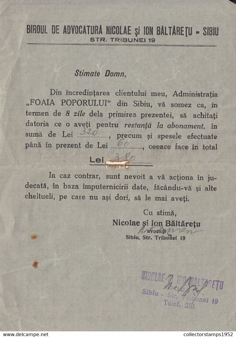 93084- KING MICHAEL STAMP ON CLOSED LETTER, LAWYER OFFICE HEADER, CENZORED SIBIU NR 20, 1943, ROMANIA - Storia Postale Seconda Guerra Mondiale