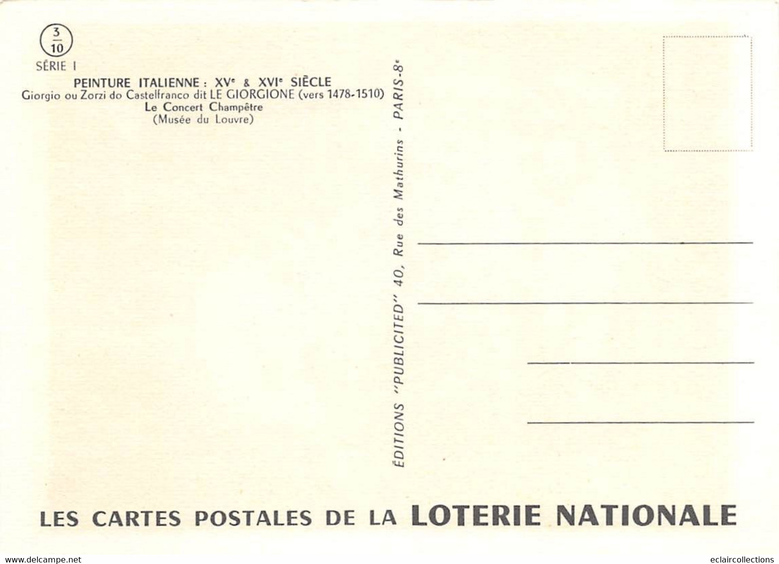 Thème : Loterie Nationale. Peinture  Ecole Italienne  51 Cartes dont 12 scan (q.q doubles)