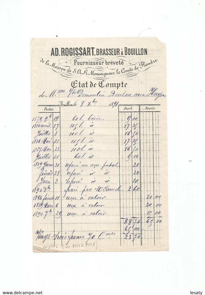 2 Factures De La Brasserie ROGISSART à BOUILLON. De 1879 à 1891. Fournisseur De La Maison Du Comte De Flandre- RARE Doc. - Other & Unclassified