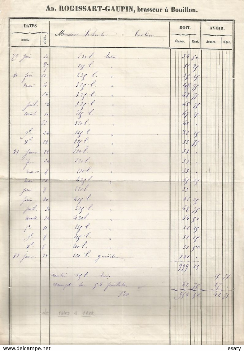 2 Factures De La Brasserie ROGISSART à BOUILLON. De 1879 à 1891. Fournisseur De La Maison Du Comte De Flandre- RARE Doc. - Other & Unclassified