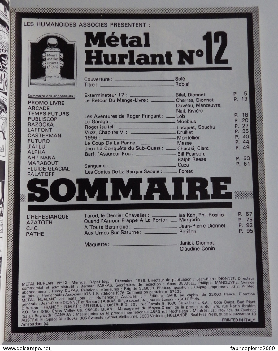 METAL HURLANT 12 - Solé Moebius Rivière Lob Dionnet Robial Druillet Petillon Bilal Clerc TRES BON ETAT - Métal Hurlant