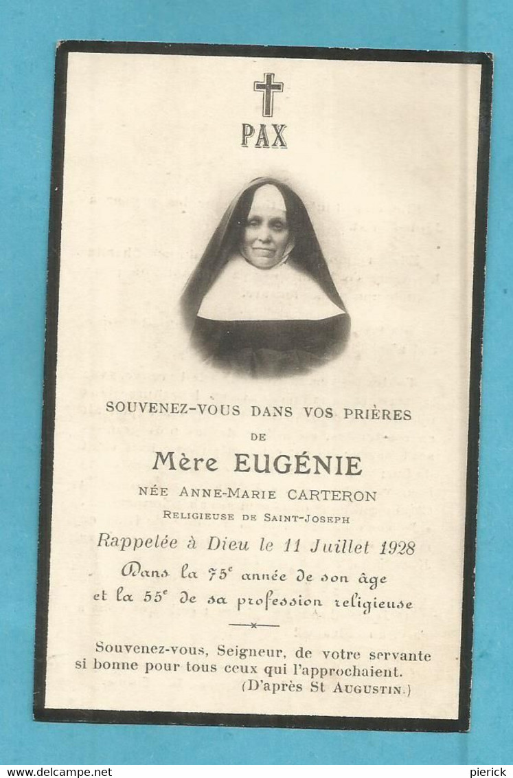 GENEALOGIE FAIRE PART DECES RELIGION RELIGIEUX  MERE EUGENIE CARTERON RELIGIEUSE DE SAINT JOSEPH 1853 1928 - Avvisi Di Necrologio