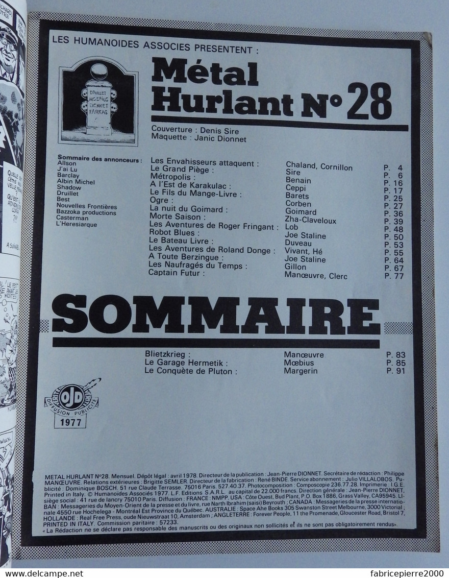 METAL HURLANT 28 - Dionnet Sire Margerin Moebius Lob Ceppi Corben Cornillon Gillon TRES BON ETAT - Métal Hurlant