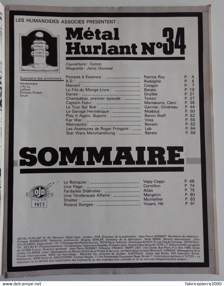 METAL HURLANT 34 - Druillet Dionnet Margerin Moebius Voss Torton Baron Staff Lob BON ETAT - Métal Hurlant