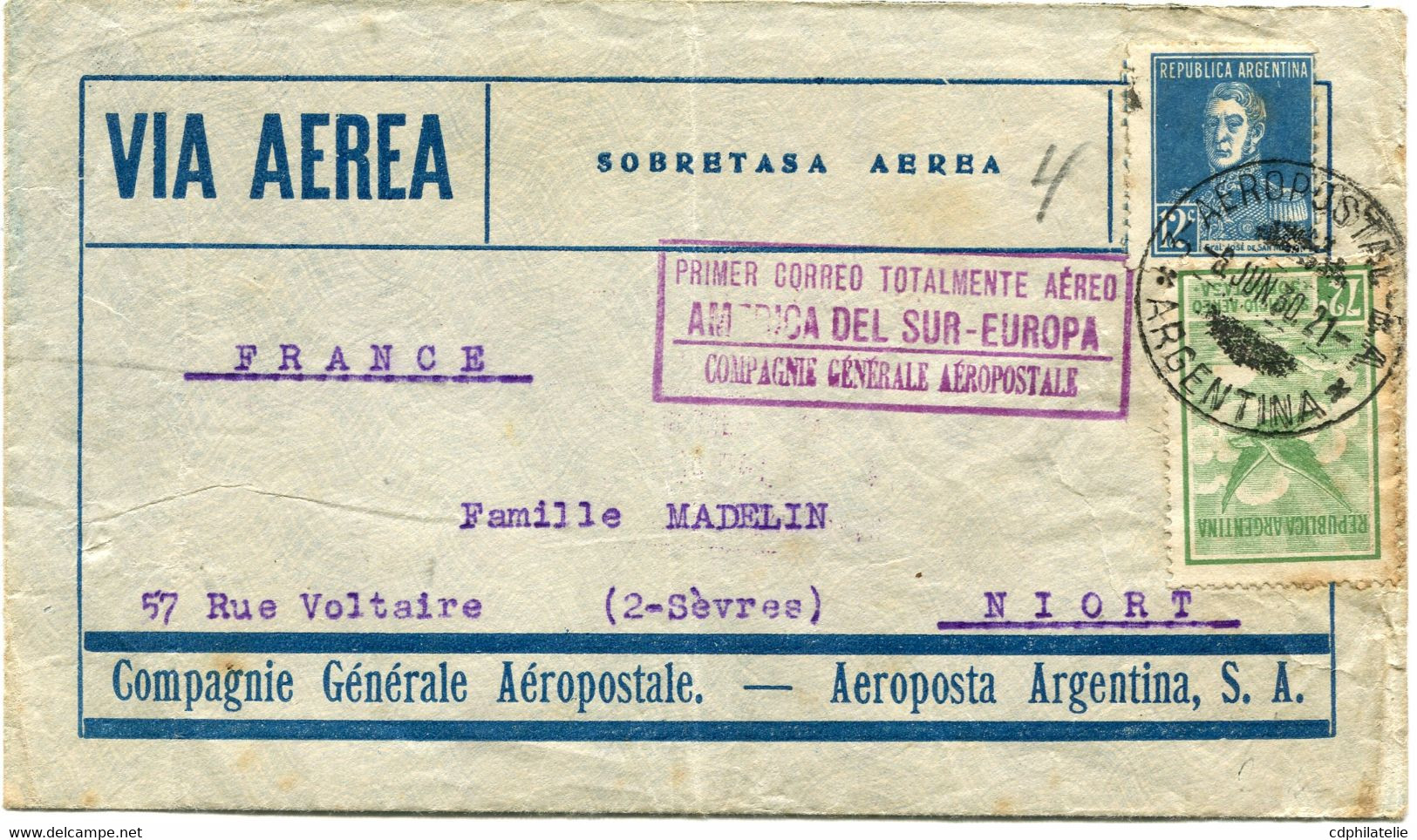 ARGENTINE LETTRE PAR AVION AVEC CACHET " PRIMER CORREO TOTALMENTE AEREO AMERICA DEL SUR - EUROPA COMPAGNIE GENERALE...." - Poste Aérienne